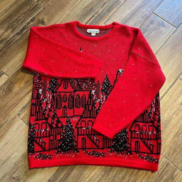 Precious Knits Women’s Vtg Christmas Sweater Red Black Silver USA Sz L/XL - Picture 6 of 11